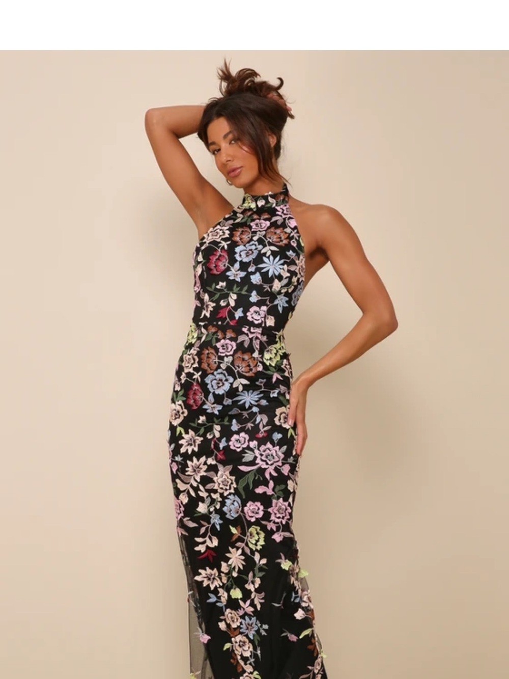 Lulu's Black Halter Maxi Dress with Multicolor Floral Embroidery